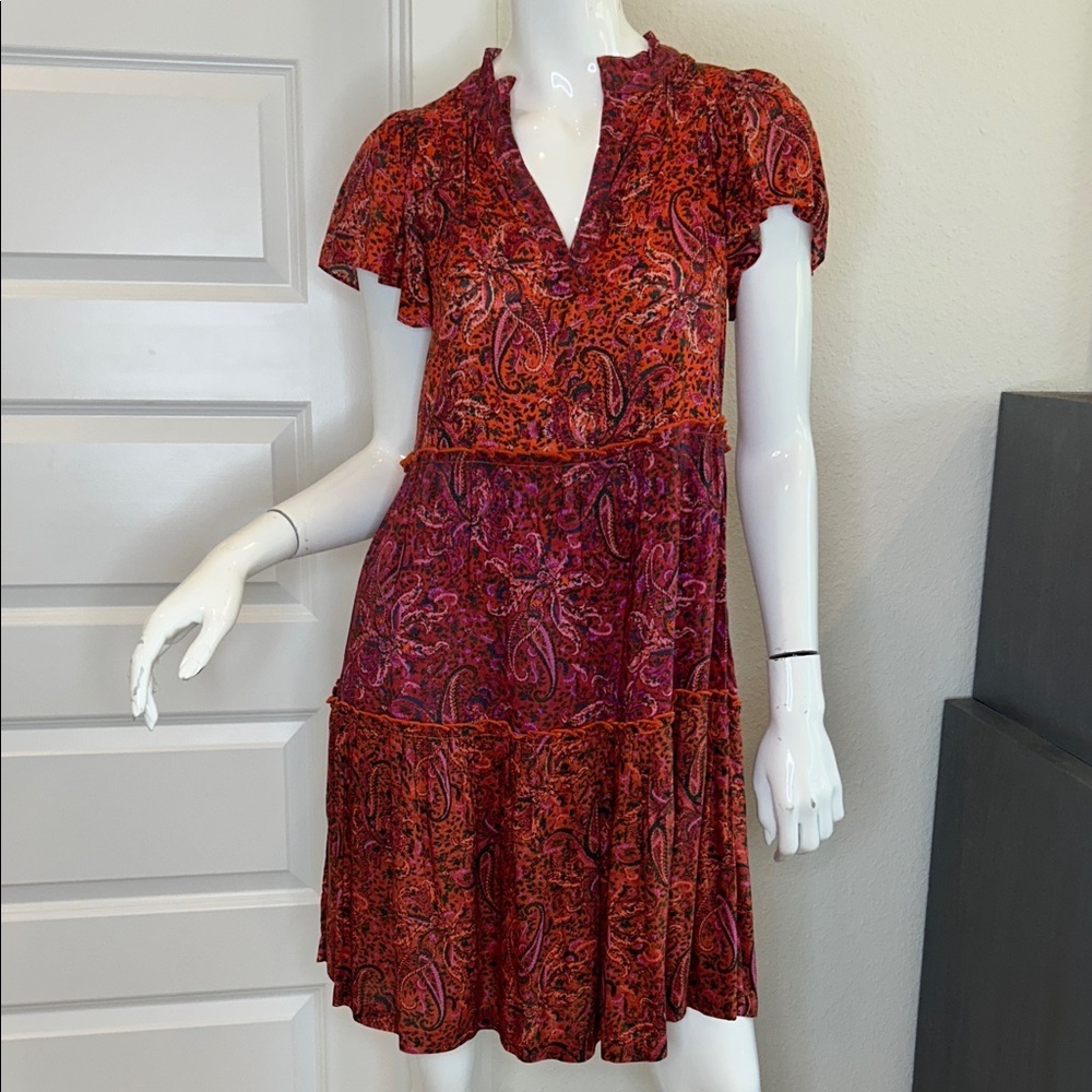 Paisley Tiered V-Neck Mini Dress in Red